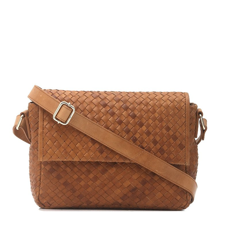 Magda - Tan Woven Classic Leather Shoulder Bag